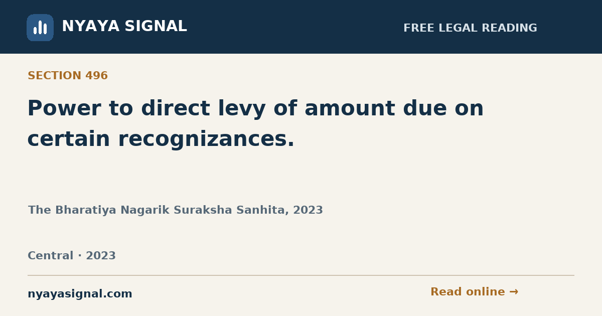 Section 496 — Power to direct levy of amount due on certain recognizances. | The Bharatiya Nagarik Suraksha Sanhita, 2023 | NYAYA SIGNAL