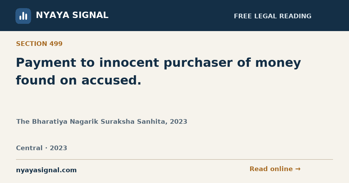Section 499 — Payment to innocent purchaser of money found on accused. | The Bharatiya Nagarik Suraksha Sanhita, 2023 | NYAYA SIGNAL