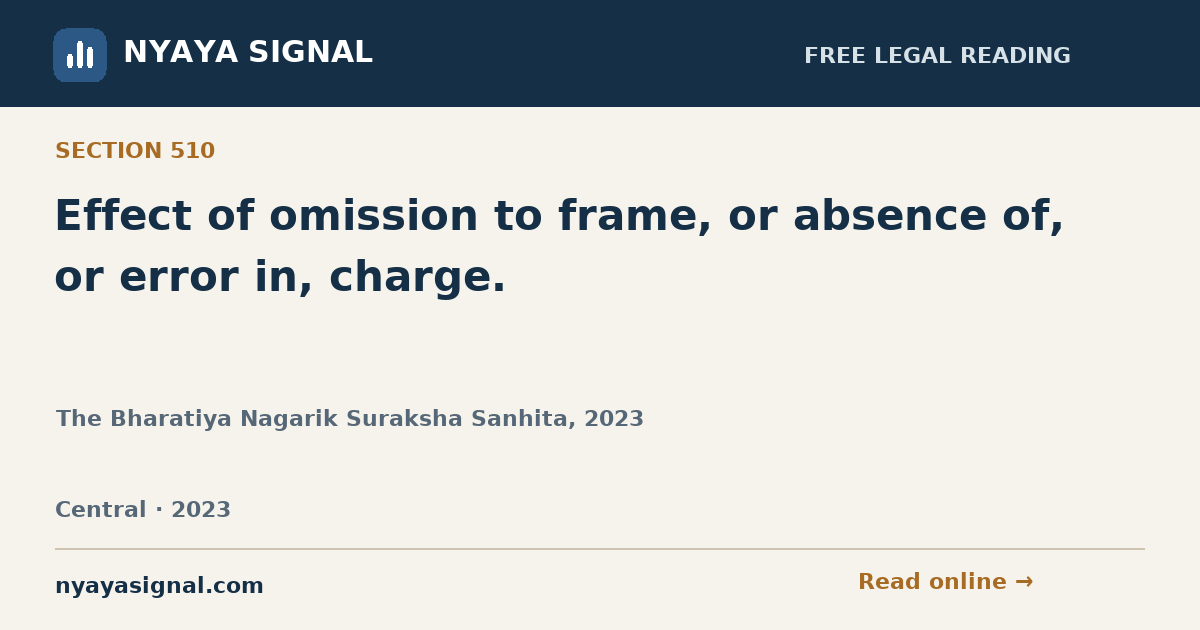 Section 510 — Effect of omission to frame, or absence of, or error in, charge. | The Bharatiya Nagarik Suraksha Sanhita, 2023 | NYAYA SIGNAL