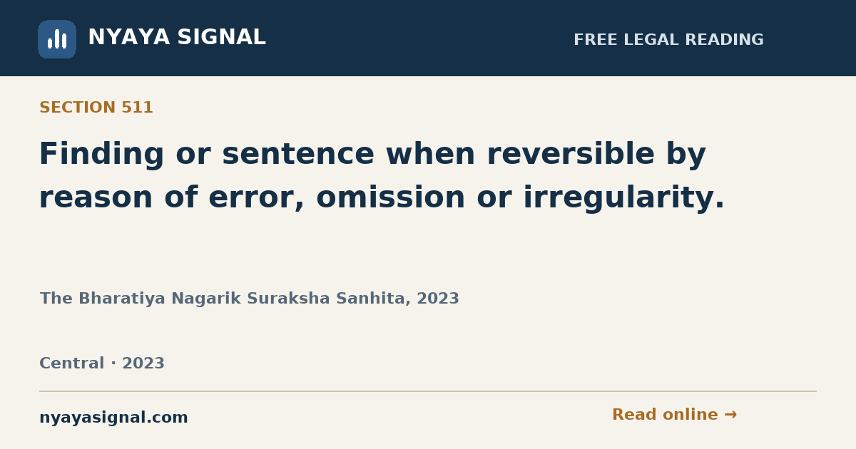 Section 511 — Finding or sentence when reversible by reason of error, omission or irregularity. | The Bharatiya Nagarik Suraksha Sanhita, 2023 | NYAYA SIGNAL