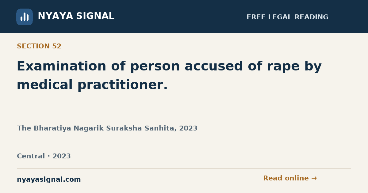 Section 52 — Examination of person accused of rape by medical practitioner. | The Bharatiya Nagarik Suraksha Sanhita, 2023 | NYAYA SIGNAL