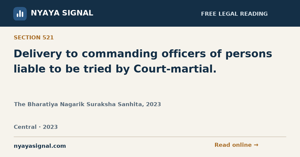 Section 521 — Delivery to commanding officers of persons liable to be tried by Court-martial. | The Bharatiya Nagarik Suraksha Sanhita, 2023 | NYAYA SIGNAL