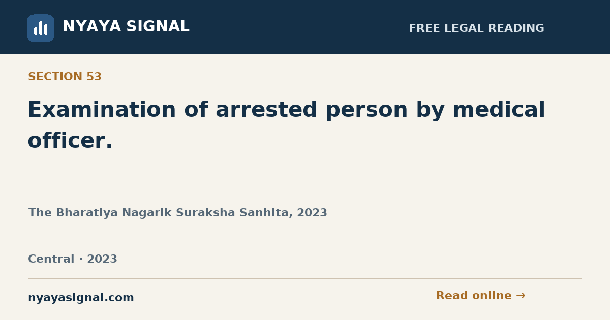 Section 53 — Examination of arrested person by medical officer. | The Bharatiya Nagarik Suraksha Sanhita, 2023 | NYAYA SIGNAL