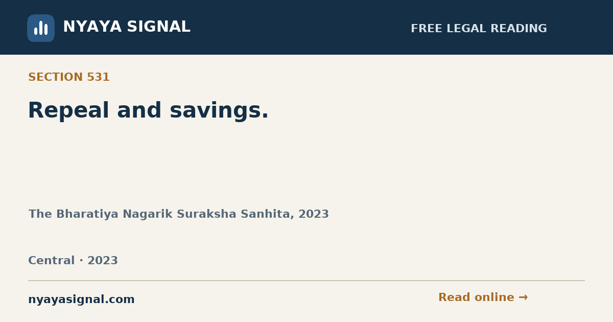 Section 531 — Repeal and savings. | The Bharatiya Nagarik Suraksha Sanhita, 2023 | NYAYA SIGNAL
