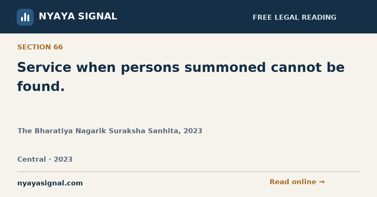 Section 66 — Service when persons summoned cannot be found. | The Bharatiya Nagarik Suraksha Sanhita, 2023 | NYAYA SIGNAL