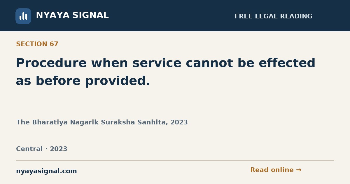 Section 67 — Procedure when service cannot be effected as before provided. | The Bharatiya Nagarik Suraksha Sanhita, 2023 | NYAYA SIGNAL