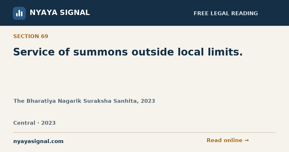 Section 69 — Service of summons outside local limits. | The Bharatiya Nagarik Suraksha Sanhita, 2023 | NYAYA SIGNAL