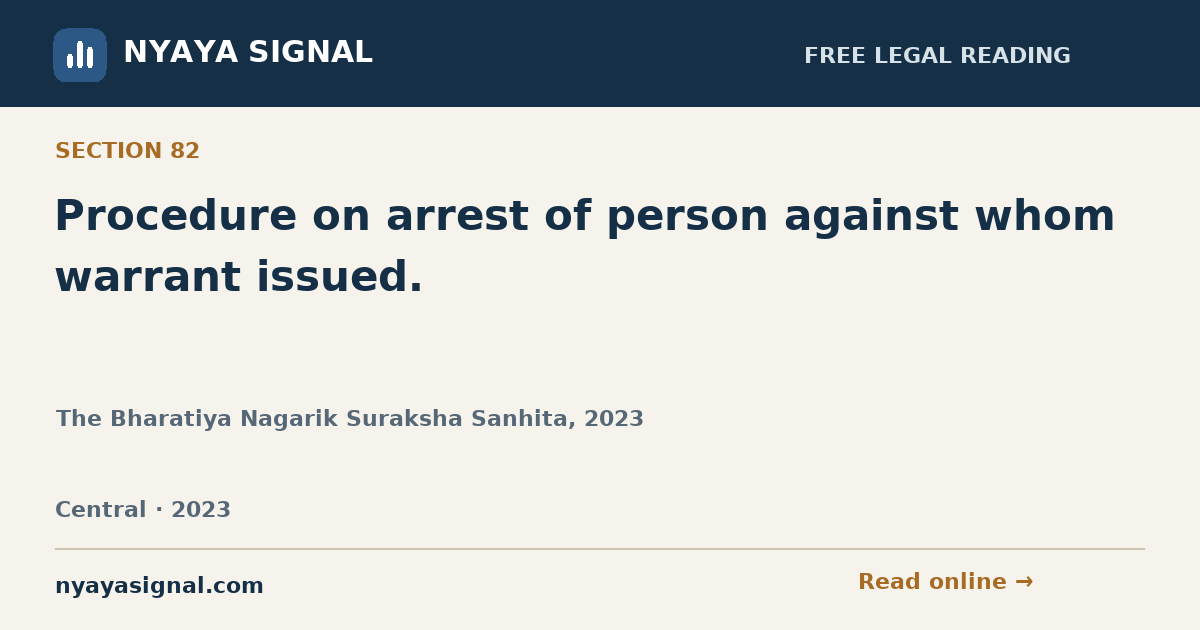 Section 82 — Procedure on arrest of person against whom warrant issued. | The Bharatiya Nagarik Suraksha Sanhita, 2023 | NYAYA SIGNAL