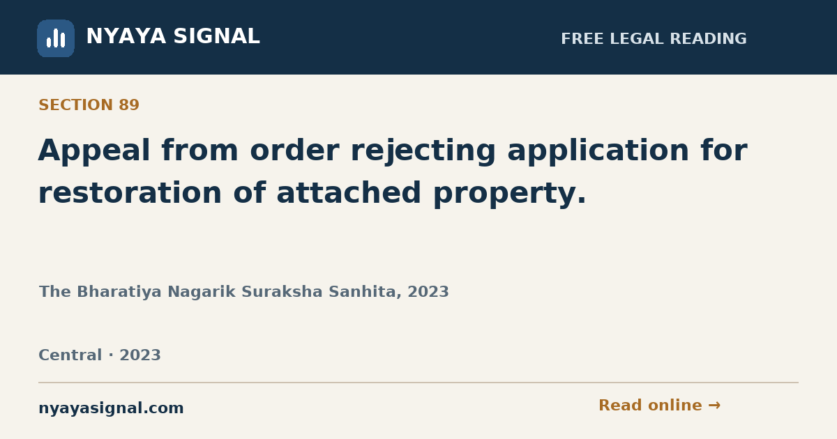 Section 89 — Appeal from order rejecting application for restoration of attached property. | The Bharatiya Nagarik Suraksha Sanhita, 2023 | NYAYA SIGNAL
