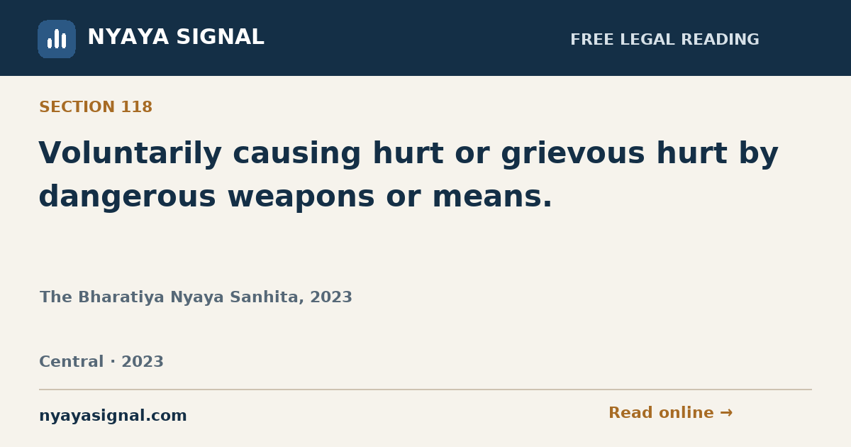 Section 118 — Voluntarily causing hurt or grievous hurt by dangerous weapons or means. | The Bharatiya Nyaya Sanhita, 2023 | NYAYA SIGNAL