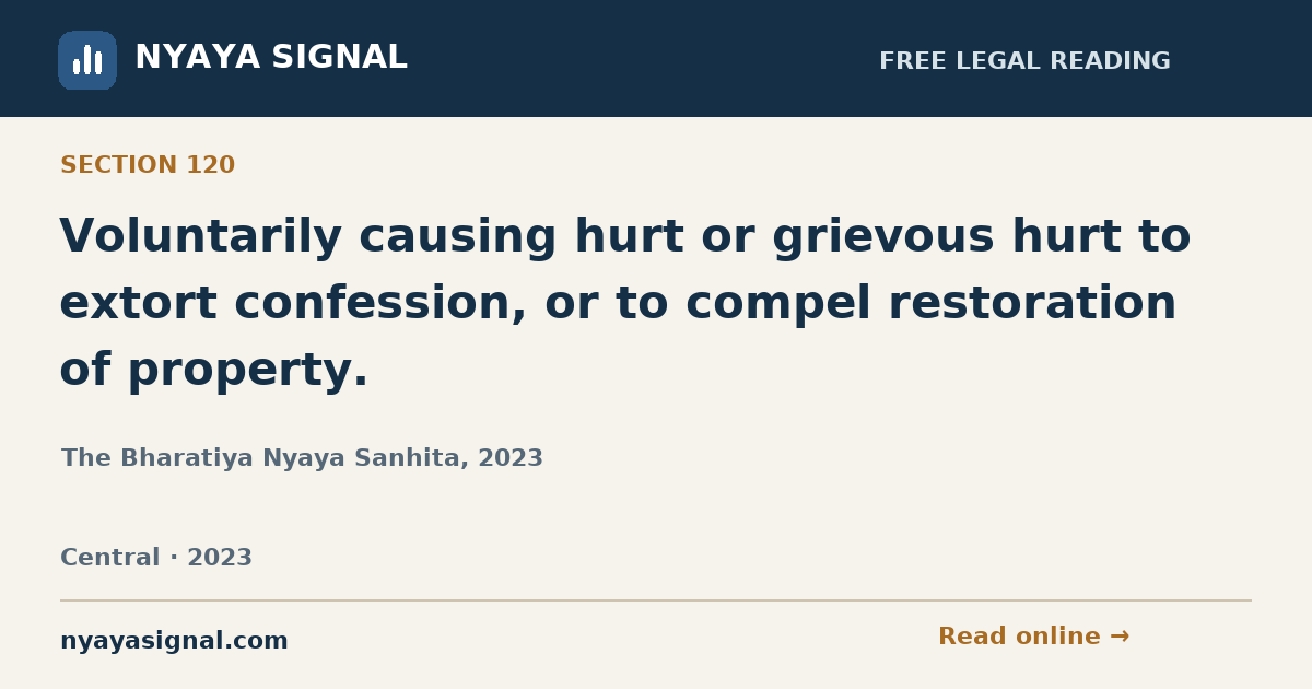 Section 120 — Voluntarily causing hurt or grievous hurt to extort confession, or to compel restoration of property. | The Bharatiya Nyaya Sanhita, 2023 | NYAYA SIGNAL