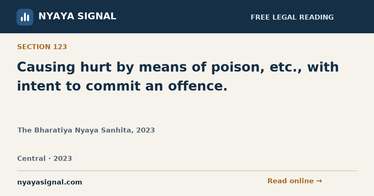 Section 123 — Causing hurt by means of poison, etc., with intent to commit an offence. | The Bharatiya Nyaya Sanhita, 2023 | NYAYA SIGNAL
