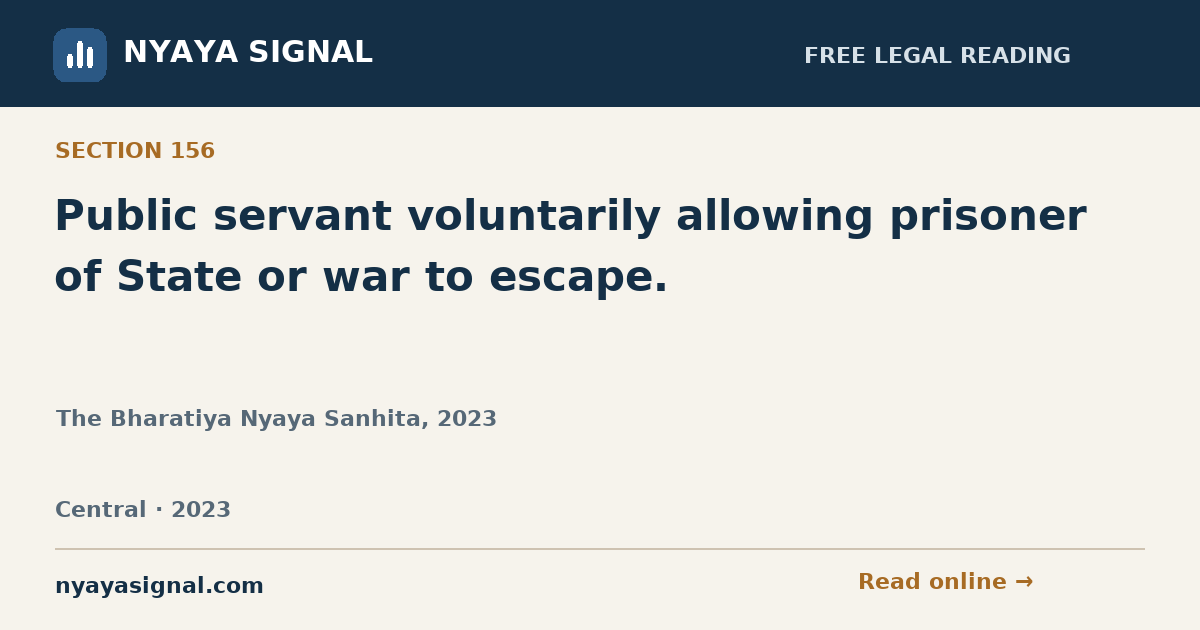 Section 156 — Public servant voluntarily allowing prisoner of State or war to escape. | The Bharatiya Nyaya Sanhita, 2023 | NYAYA SIGNAL