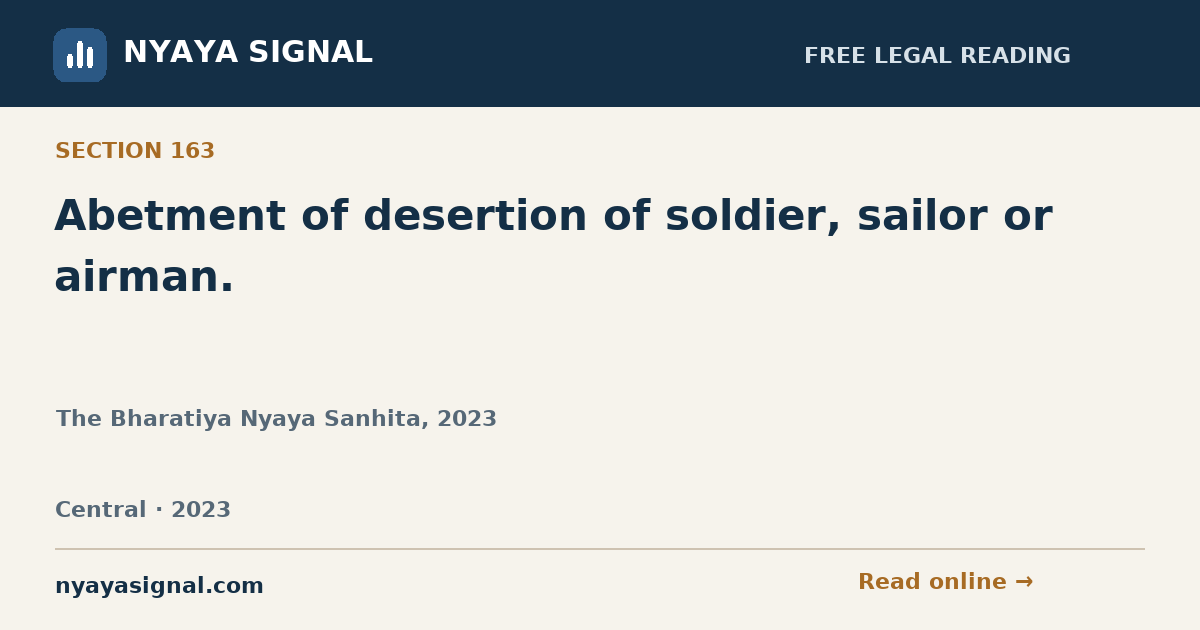 Section 163 — Abetment of desertion of soldier, sailor or airman. | The Bharatiya Nyaya Sanhita, 2023 | NYAYA SIGNAL