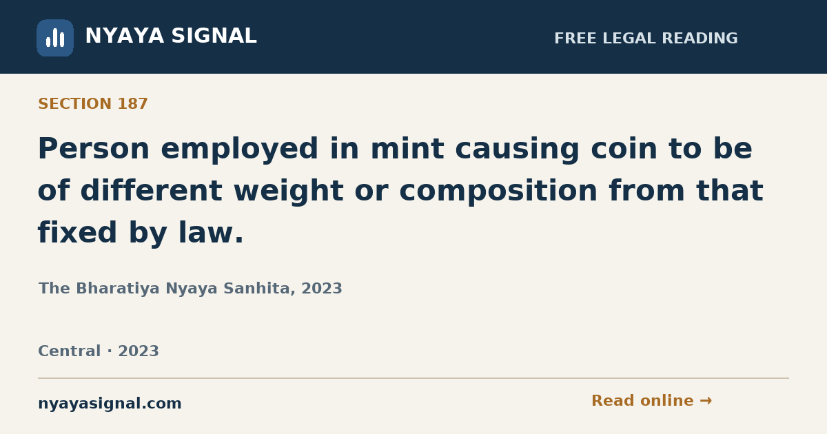 Section 187 — Person employed in mint causing coin to be of different weight or composition from that fixed by law. | The Bharatiya Nyaya Sanhita, 2023 | NYAYA SIGNAL