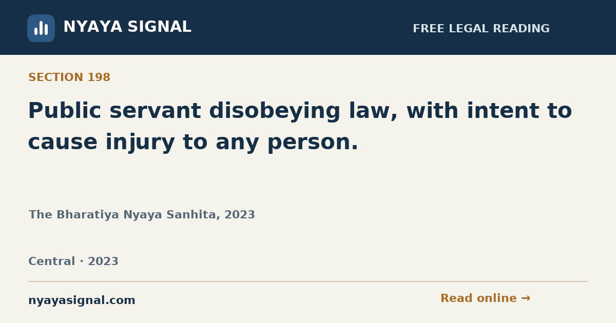 Section 198 — Public servant disobeying law, with intent to cause injury to any person. | The Bharatiya Nyaya Sanhita, 2023 | NYAYA SIGNAL