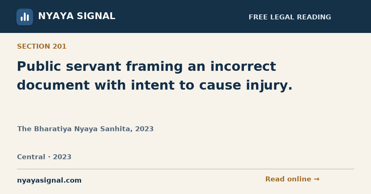 Section 201 — Public servant framing an incorrect document with intent to cause injury. | The Bharatiya Nyaya Sanhita, 2023 | NYAYA SIGNAL
