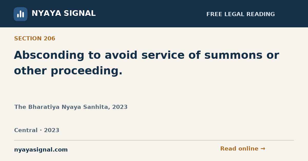 Section 206 — Absconding to avoid service of summons or other proceeding. | The Bharatiya Nyaya Sanhita, 2023 | NYAYA SIGNAL
