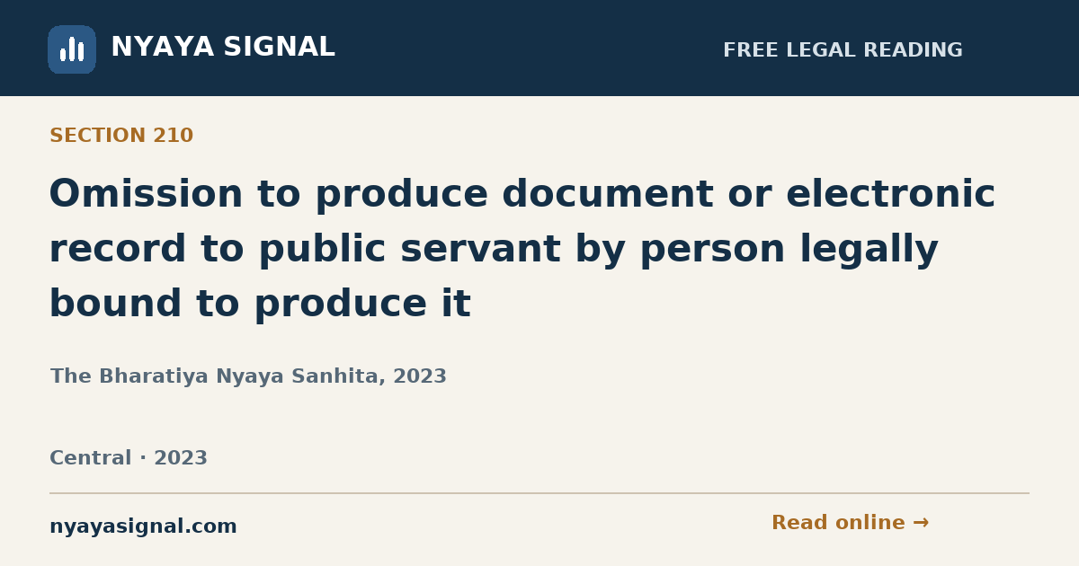 Section 210 — Omission to produce document or electronic record to public servant by person legally bound to produce it | The Bharatiya Nyaya Sanhita, 2023 | NYAYA SIGNAL