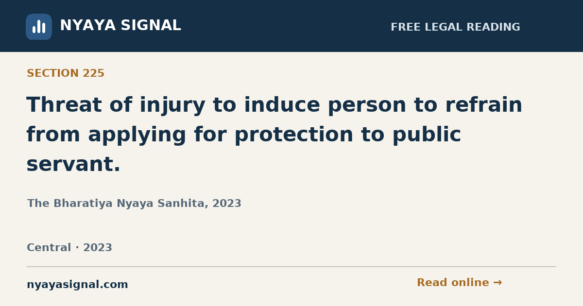 Section 225 — Threat of injury to induce person to refrain from applying for protection to public servant. | The Bharatiya Nyaya Sanhita, 2023 | NYAYA SIGNAL
