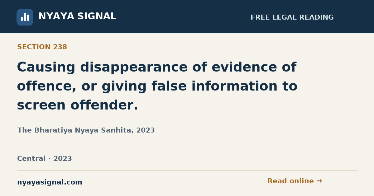 Section 238 — Causing disappearance of evidence of offence, or giving false information to screen offender. | The Bharatiya Nyaya Sanhita, 2023 | NYAYA SIGNAL