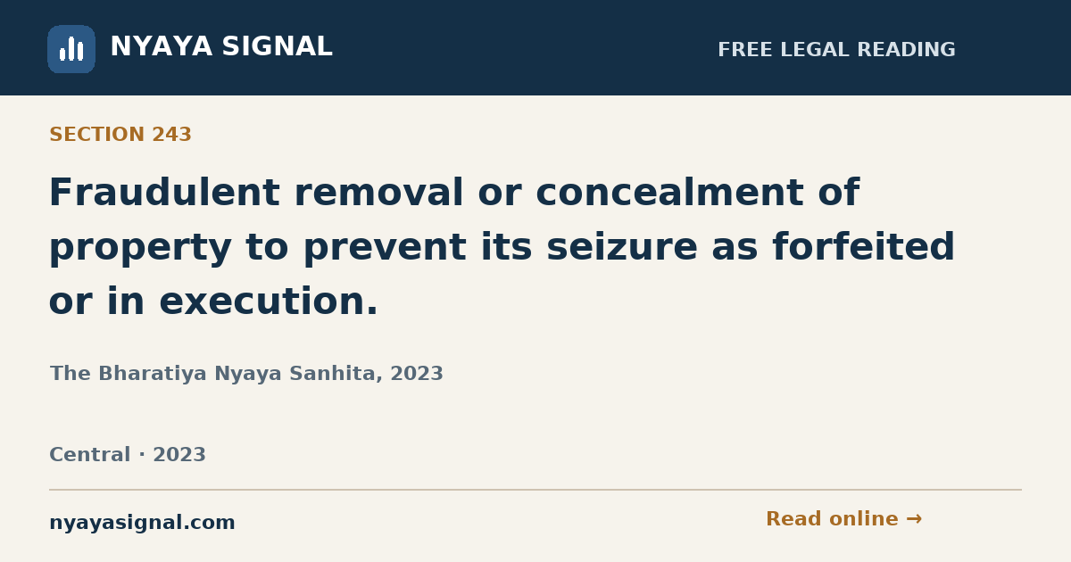 Section 243 — Fraudulent removal or concealment of property to prevent its seizure as forfeited or in execution. | The Bharatiya Nyaya Sanhita, 2023 | NYAYA SIGNAL