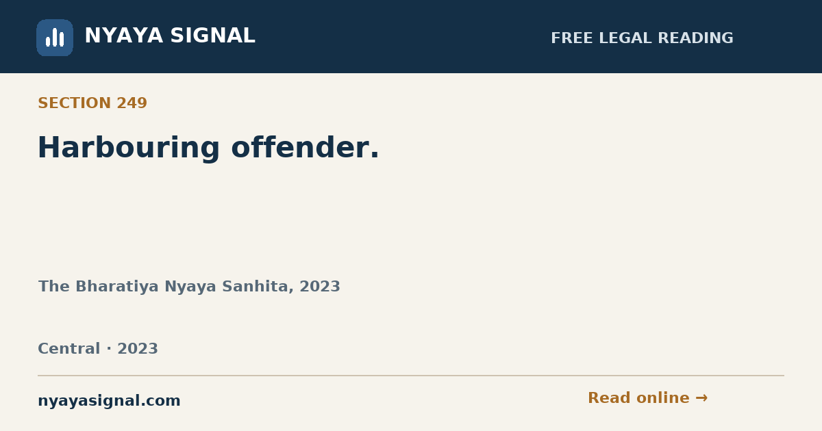 Section 249 — Harbouring offender. | The Bharatiya Nyaya Sanhita, 2023 | NYAYA SIGNAL