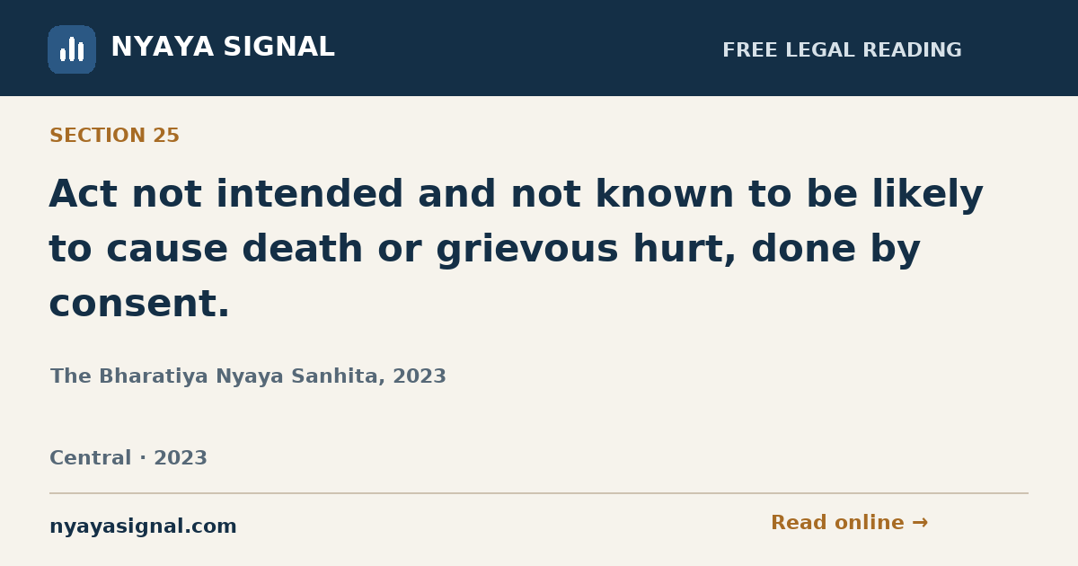 Section 25 — Act not intended and not known to be likely to cause death or grievous hurt, done by consent. | The Bharatiya Nyaya Sanhita, 2023 | NYAYA SIGNAL