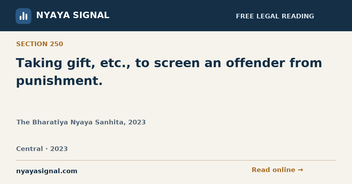 Section 250 — Taking gift, etc., to screen an offender from punishment. | The Bharatiya Nyaya Sanhita, 2023 | NYAYA SIGNAL