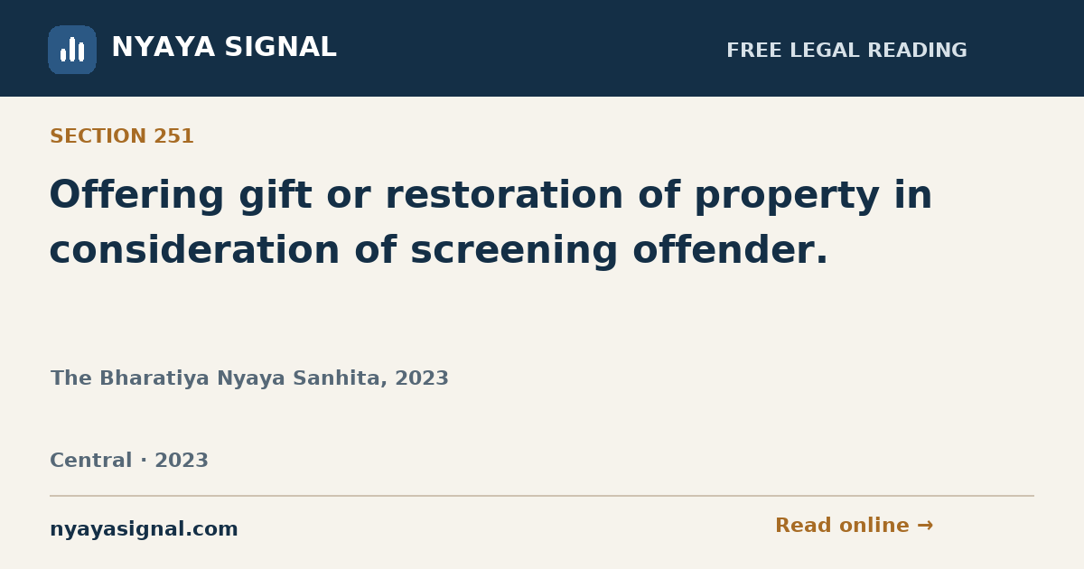 Section 251 — Offering gift or restoration of property in consideration of screening offender. | The Bharatiya Nyaya Sanhita, 2023 | NYAYA SIGNAL