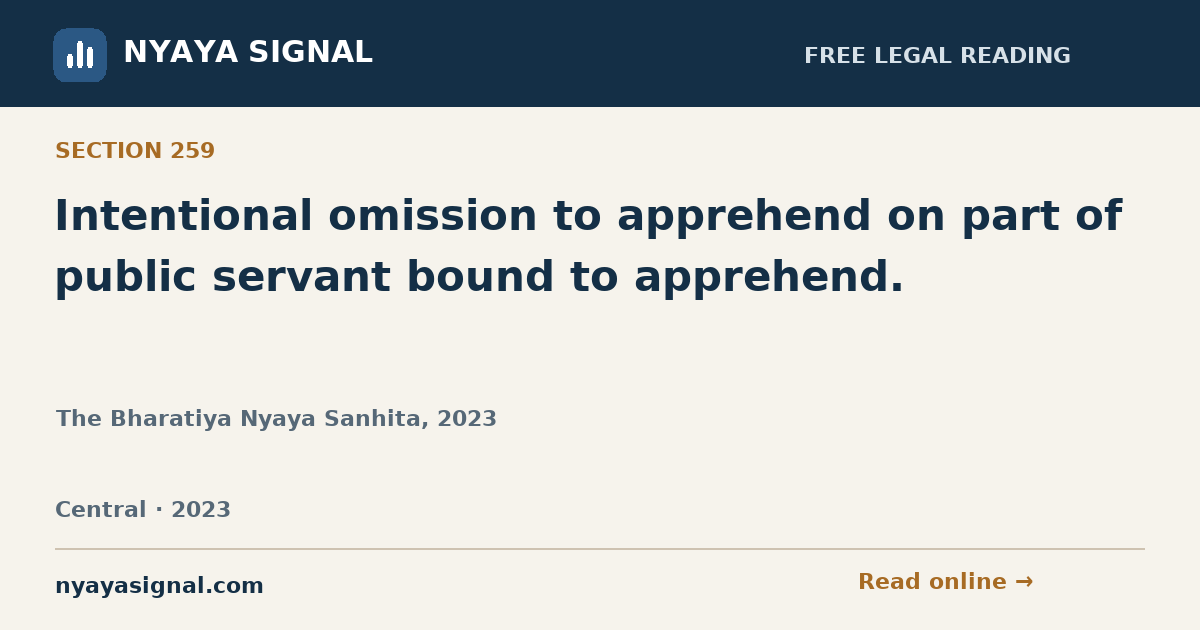 Section 259 — Intentional omission to apprehend on part of public servant bound to apprehend. | The Bharatiya Nyaya Sanhita, 2023 | NYAYA SIGNAL