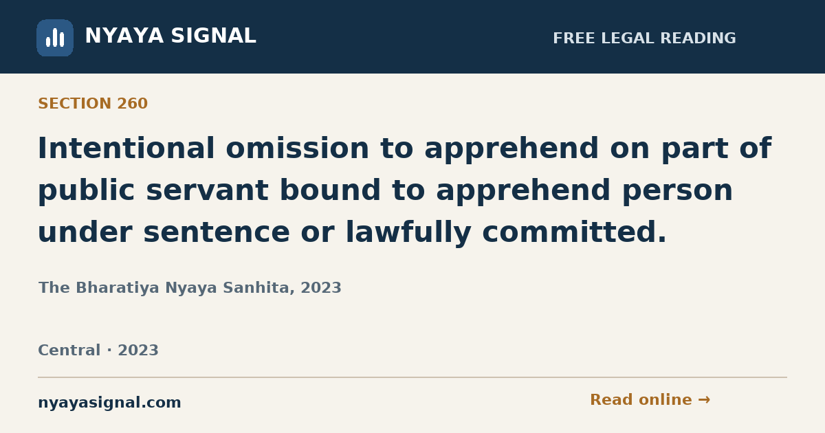 Section 260 — Intentional omission to apprehend on part of public servant bound to apprehend person under sentence or lawfully committed. | The Bharatiya Nyaya Sanhita, 2023 | NYAYA SIGNAL