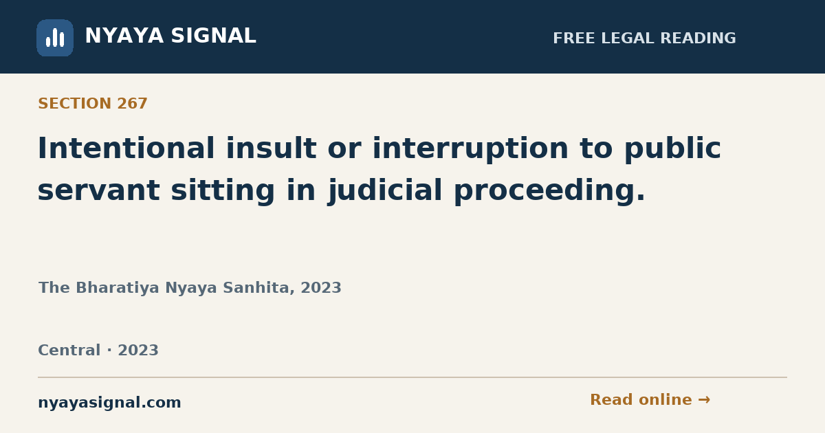 Section 267 — Intentional insult or interruption to public servant sitting in judicial proceeding. | The Bharatiya Nyaya Sanhita, 2023 | NYAYA SIGNAL