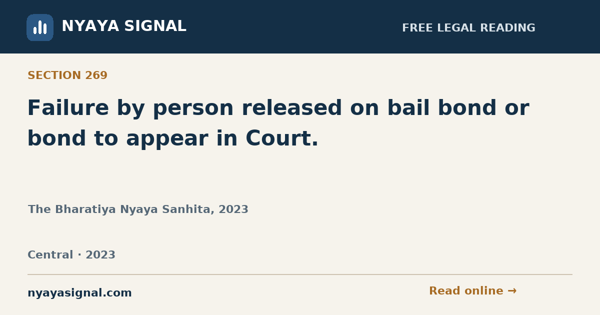 Section 269 — Failure by person released on bail bond or bond to appear in Court. | The Bharatiya Nyaya Sanhita, 2023 | NYAYA SIGNAL