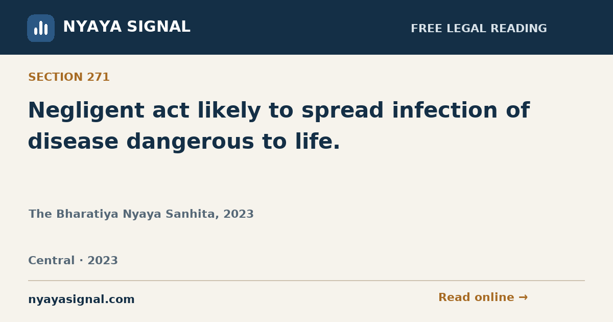 Section 271 — Negligent act likely to spread infection of disease dangerous to life. | The Bharatiya Nyaya Sanhita, 2023 | NYAYA SIGNAL