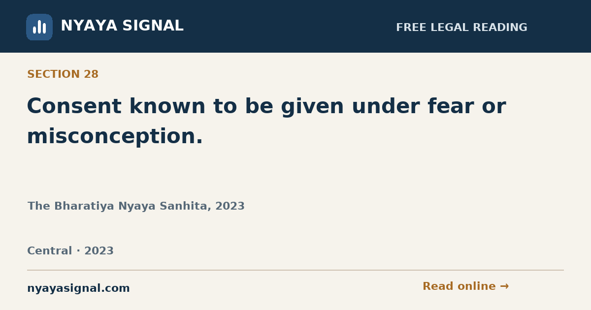 Section 28 — Consent known to be given under fear or misconception. | The Bharatiya Nyaya Sanhita, 2023 | NYAYA SIGNAL