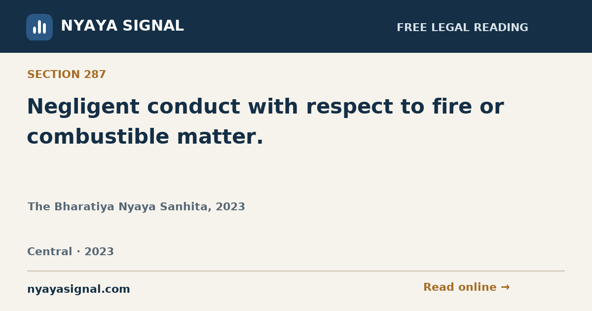 Section 287 — Negligent conduct with respect to fire or combustible matter. | The Bharatiya Nyaya Sanhita, 2023 | NYAYA SIGNAL