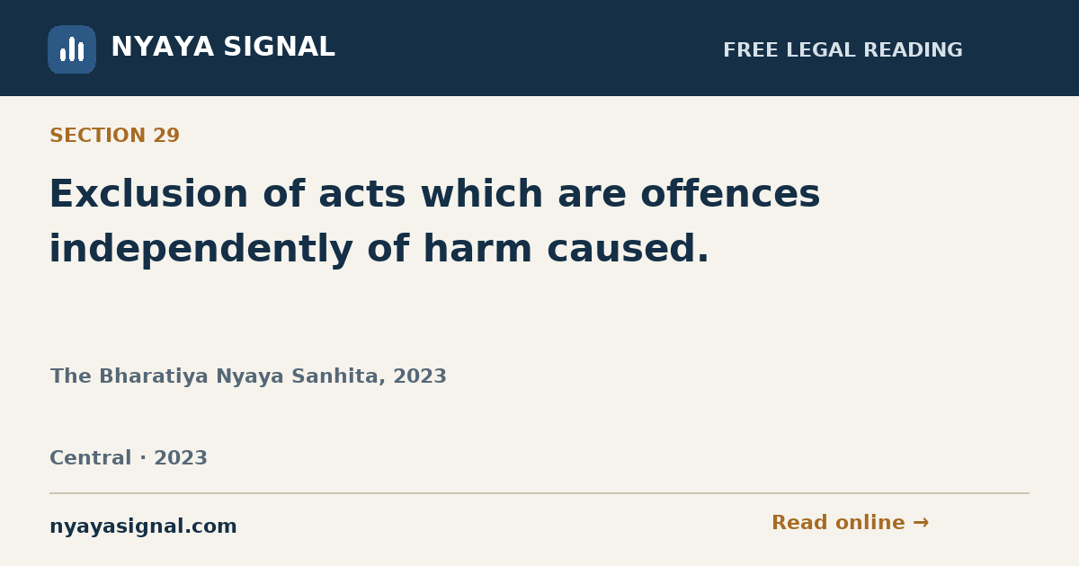 Section 29 — Exclusion of acts which are offences independently of harm caused. | The Bharatiya Nyaya Sanhita, 2023 | NYAYA SIGNAL