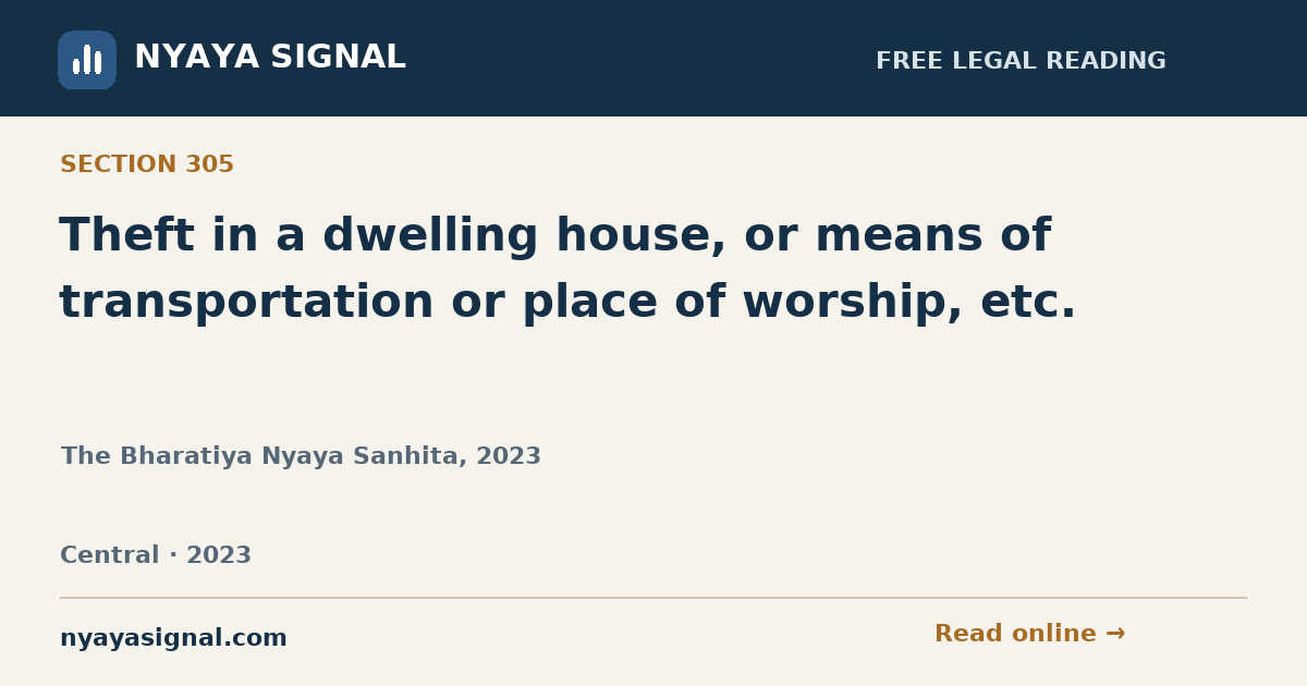 Section 305 — Theft in a dwelling house, or means of transportation or place of worship, etc. | The Bharatiya Nyaya Sanhita, 2023 | NYAYA SIGNAL