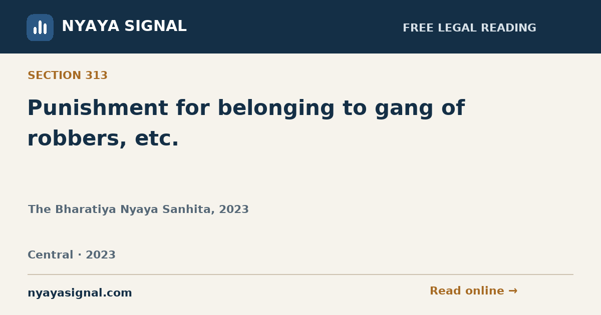 Section 313 — Punishment for belonging to gang of robbers, etc. | The Bharatiya Nyaya Sanhita, 2023 | NYAYA SIGNAL