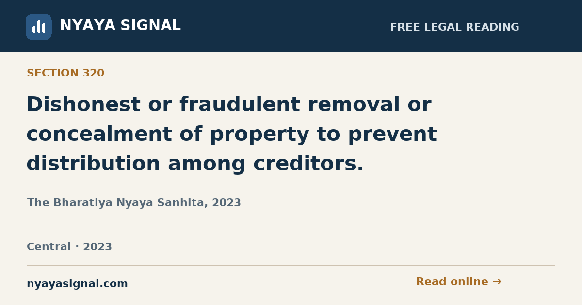 Section 320 — Dishonest or fraudulent removal or concealment of property to prevent distribution among creditors. | The Bharatiya Nyaya Sanhita, 2023 | NYAYA SIGNAL