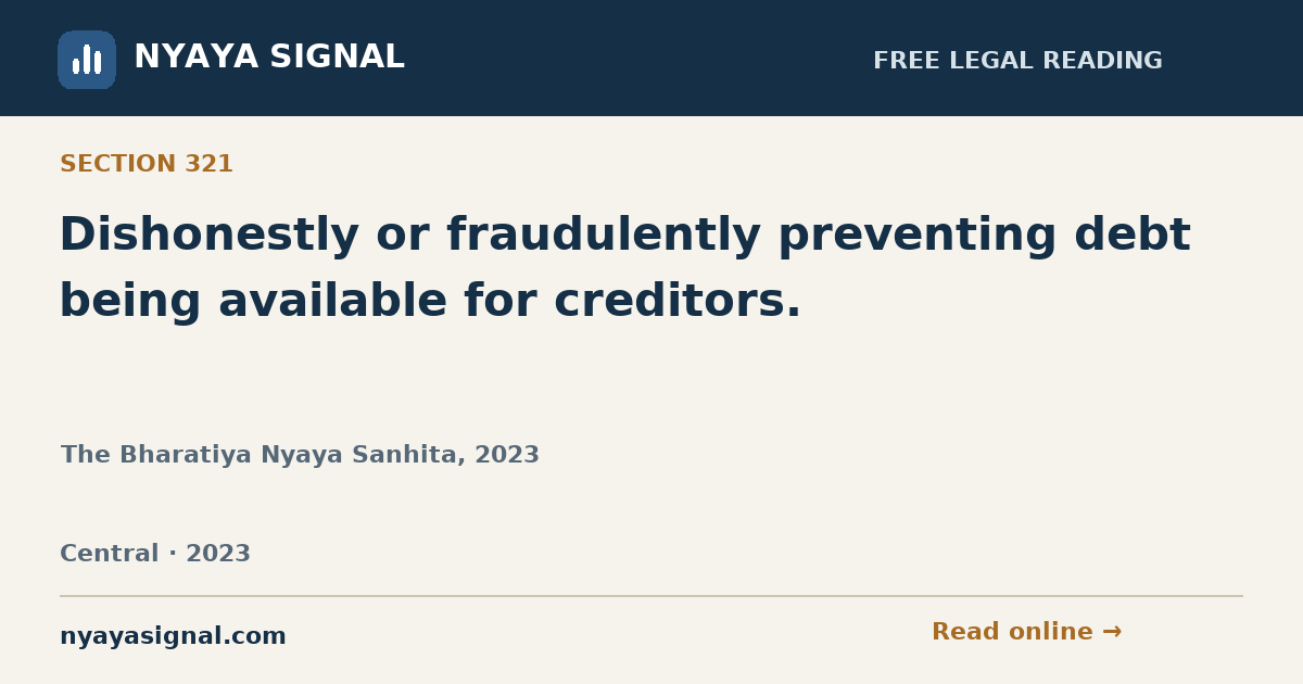 Section 321 — Dishonestly or fraudulently preventing debt being available for creditors. | The Bharatiya Nyaya Sanhita, 2023 | NYAYA SIGNAL