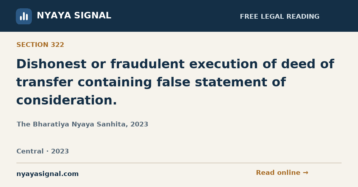Section 322 — Dishonest or fraudulent execution of deed of transfer containing false statement of consideration. | The Bharatiya Nyaya Sanhita, 2023 | NYAYA SIGNAL