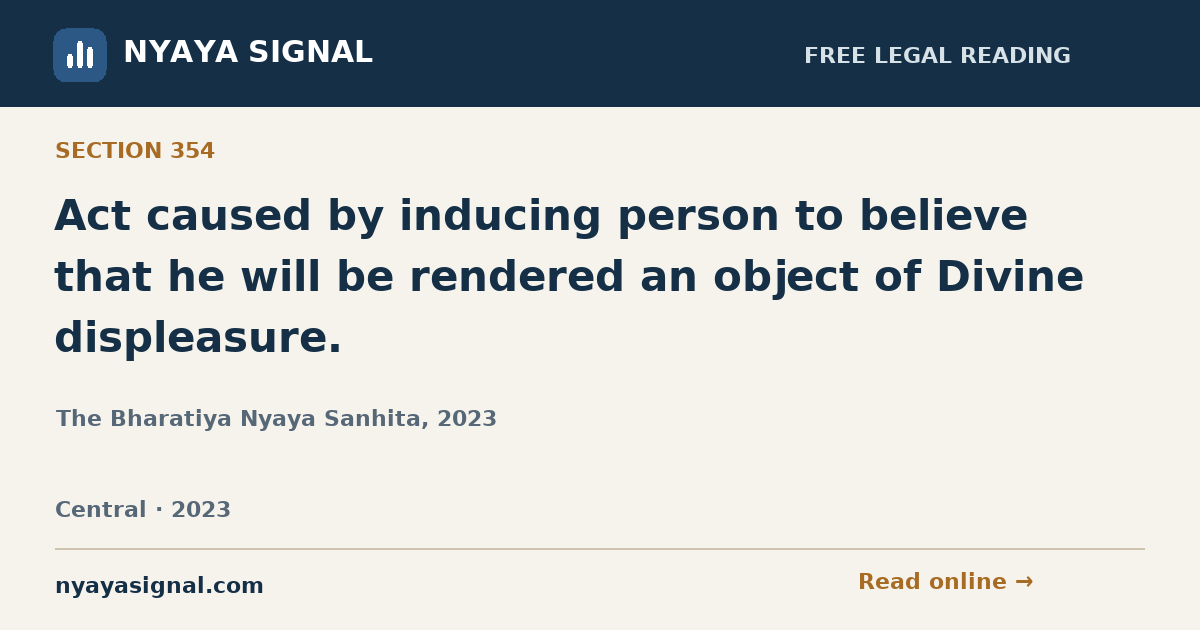 Section 354 — Act caused by inducing person to believe that he will be rendered an object of Divine displeasure. | The Bharatiya Nyaya Sanhita, 2023 | NYAYA SIGNAL