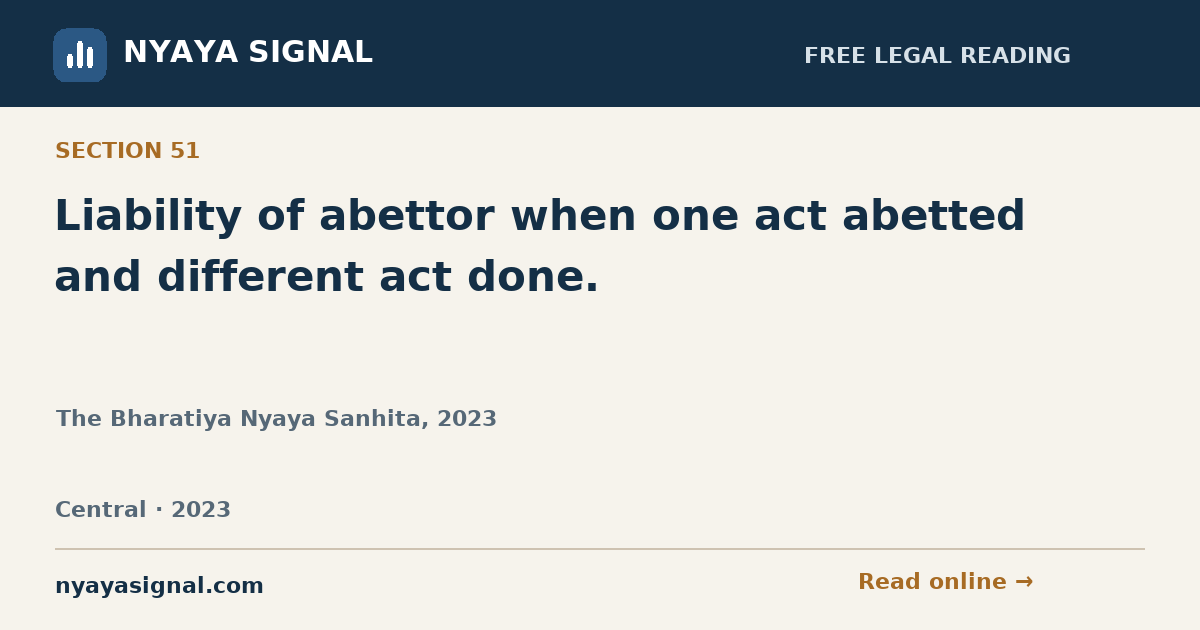 Section 51 — Liability of abettor when one act abetted and different act done. | The Bharatiya Nyaya Sanhita, 2023 | NYAYA SIGNAL