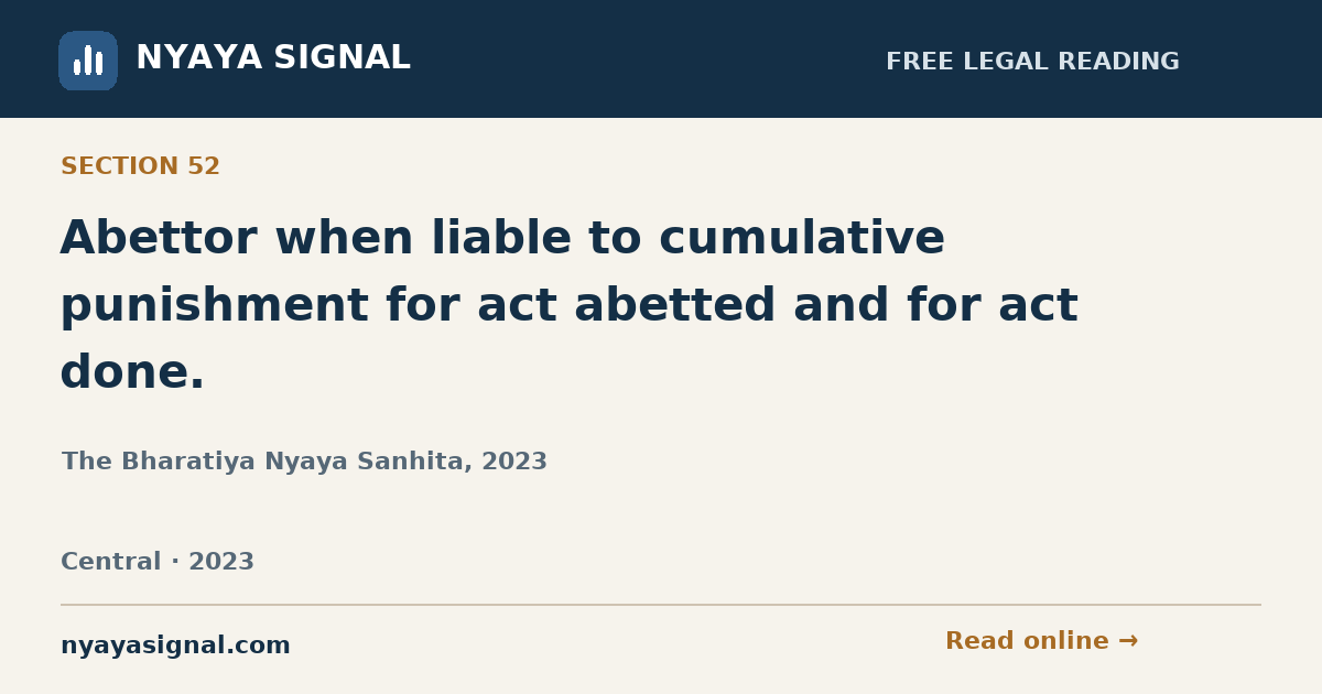 Section 52 — Abettor when liable to cumulative punishment for act abetted and for act done. | The Bharatiya Nyaya Sanhita, 2023 | NYAYA SIGNAL