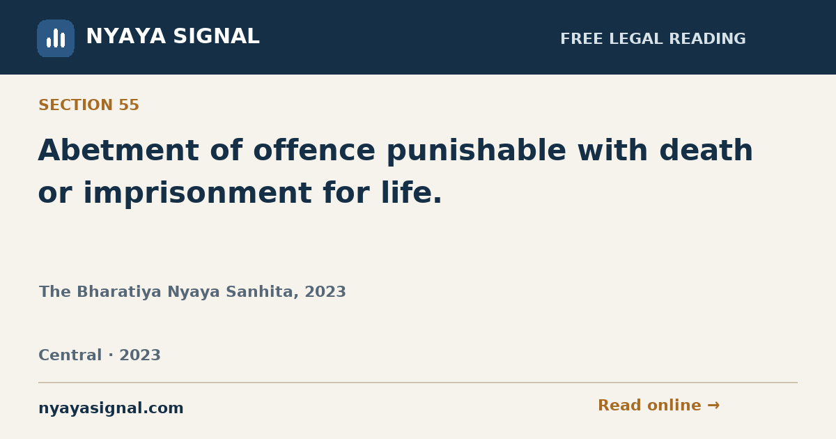 Section 55 — Abetment of offence punishable with death or imprisonment for life. | The Bharatiya Nyaya Sanhita, 2023 | NYAYA SIGNAL