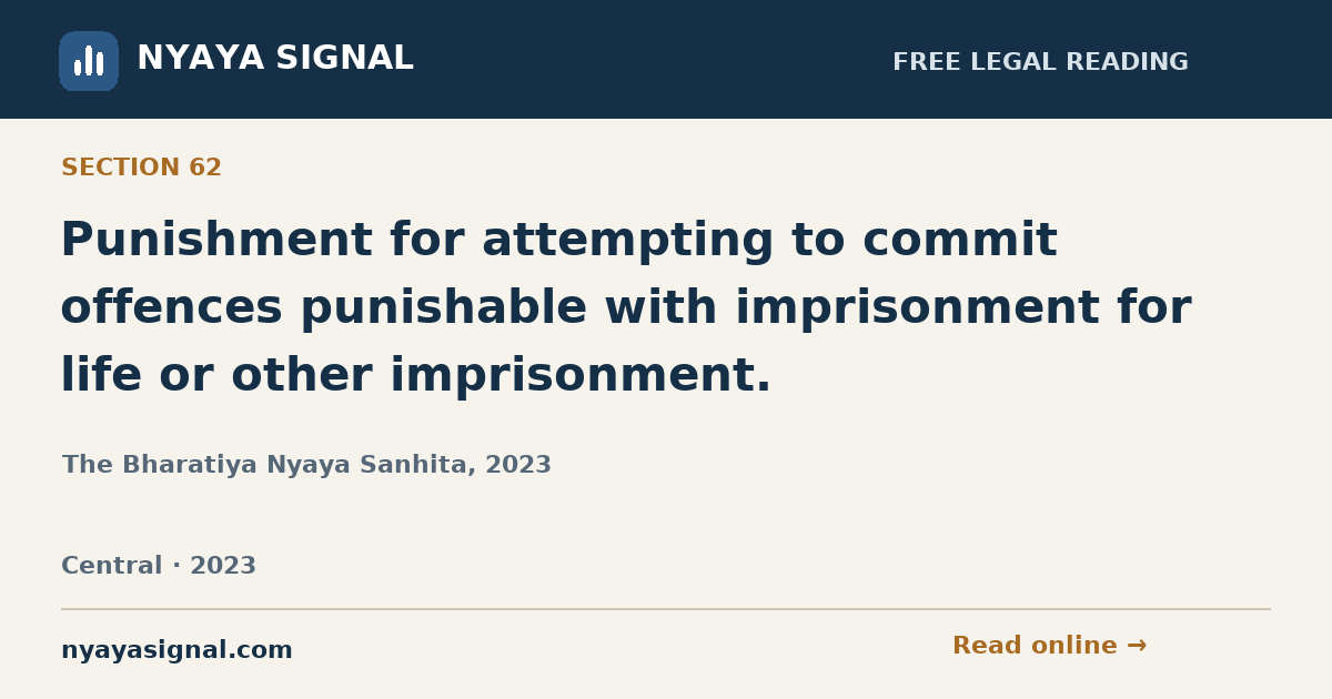Section 62 — Punishment for attempting to commit offences punishable with imprisonment for life or other imprisonment. | The Bharatiya Nyaya Sanhita, 2023 | NYAYA SIGNAL
