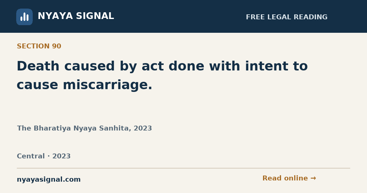 Section 90 — Death caused by act done with intent to cause miscarriage. | The Bharatiya Nyaya Sanhita, 2023 | NYAYA SIGNAL