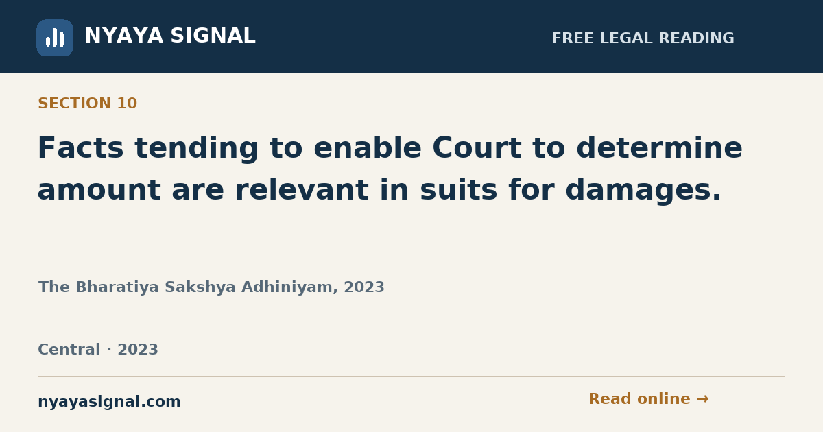 Section 10 — Facts tending to enable Court to determine amount are relevant in suits for damages. | The Bharatiya Sakshya Adhiniyam, 2023 | NYAYA SIGNAL